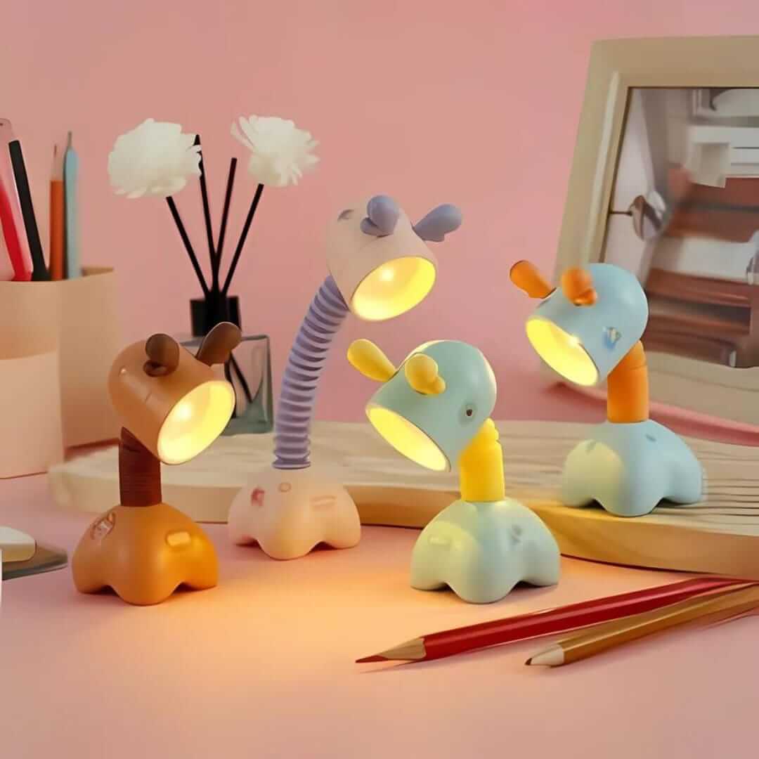 Colorful cute night lamps in whimsical shapes casting warm light, perfect for cozy bedroom ambiance.
