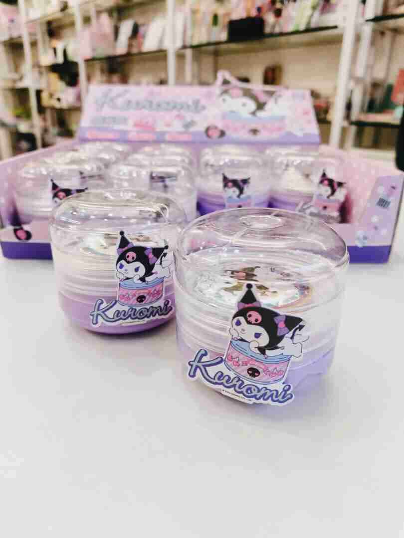 KUROMI SLIME WITH BADGE in clear containers, colorful slimes displayed, featuring cute character designs and key ring accessory.