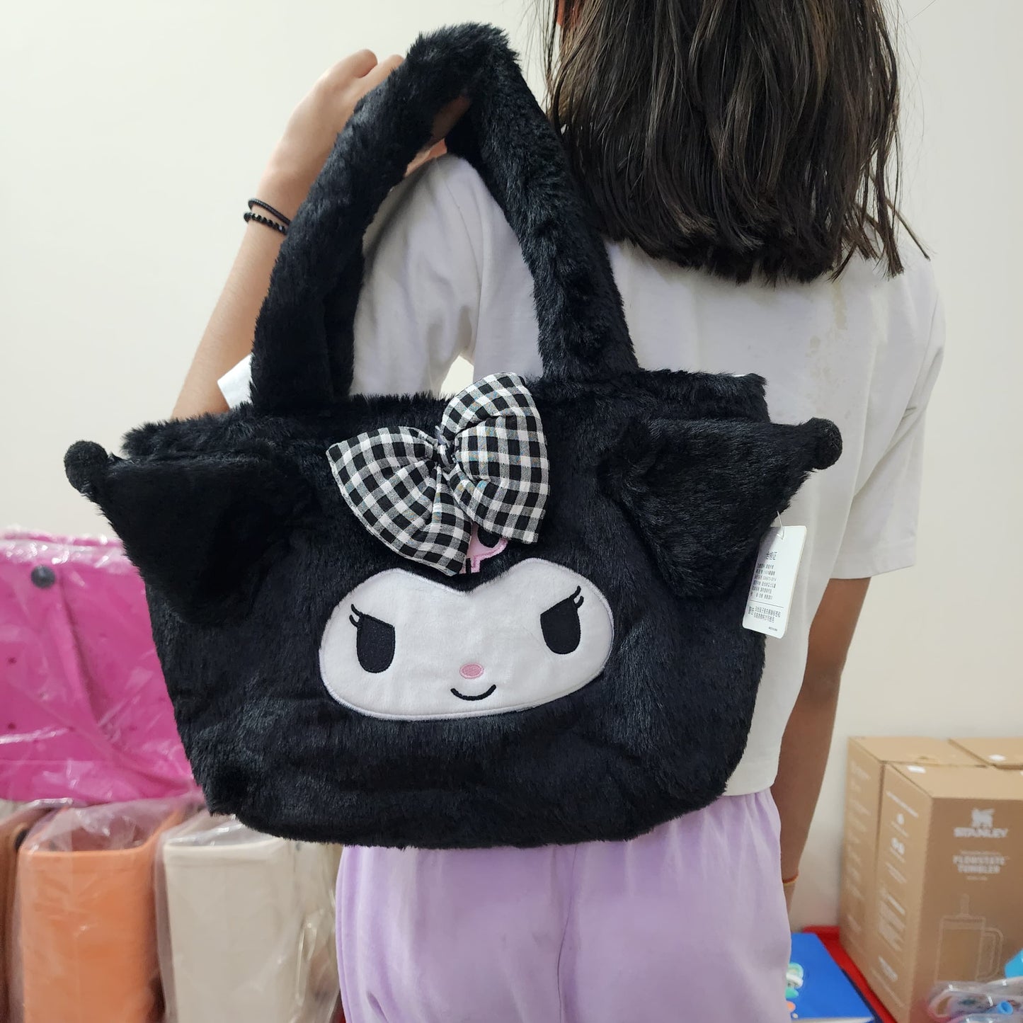 CUTE FUR FABRIC TOTE/HAND BAG WITH EMBROIDERY