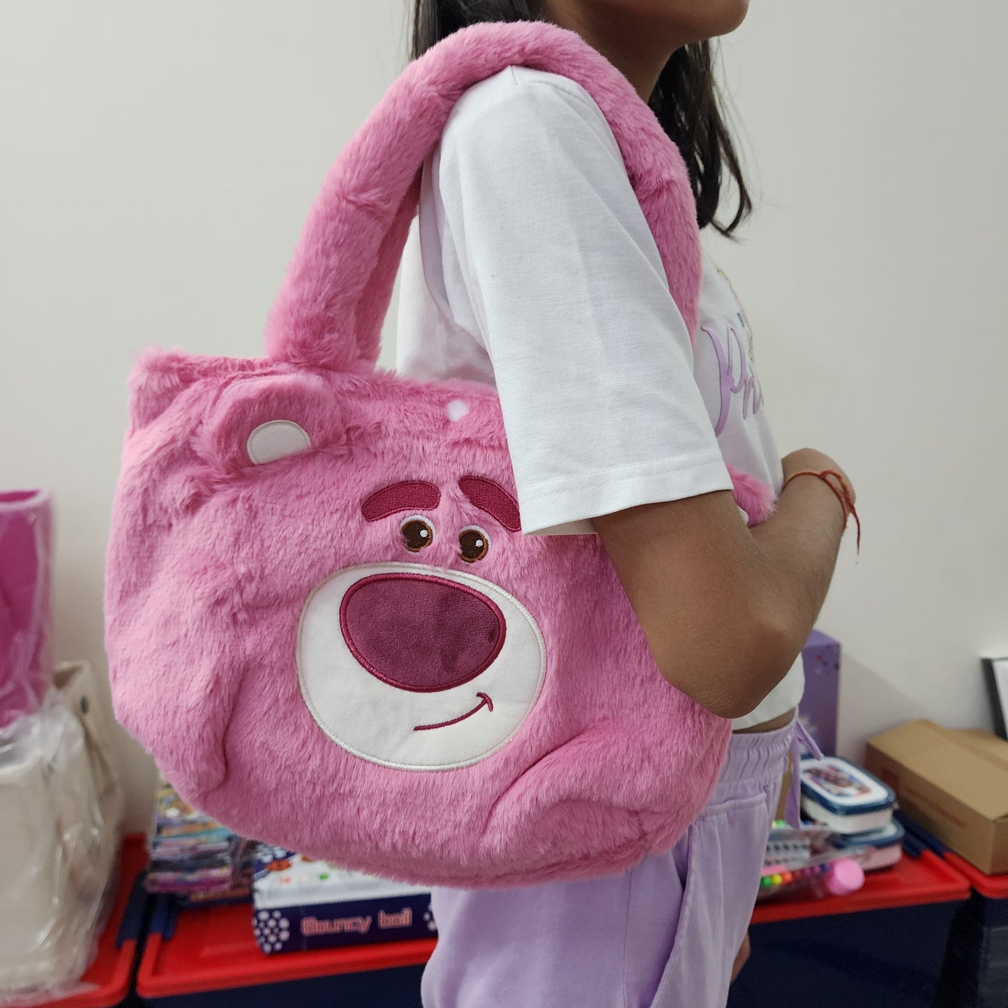 CUTE FUR FABRIC TOTE/HAND BAG WITH EMBROIDERY