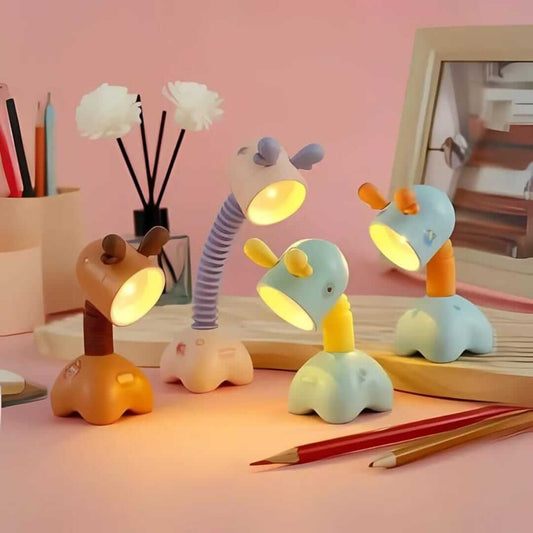 Colorful cute night lamps in whimsical shapes casting warm light, perfect for cozy bedroom ambiance.