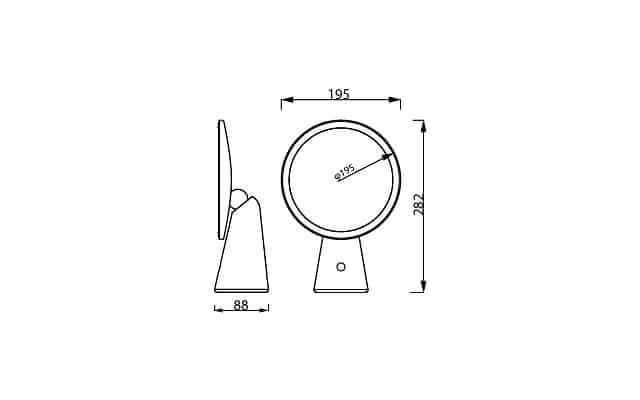 Dimensions and design sketch of the SIMPLE HANDHELD VANITY MIRROR, featuring a compact round mirror with a key ring attachment.