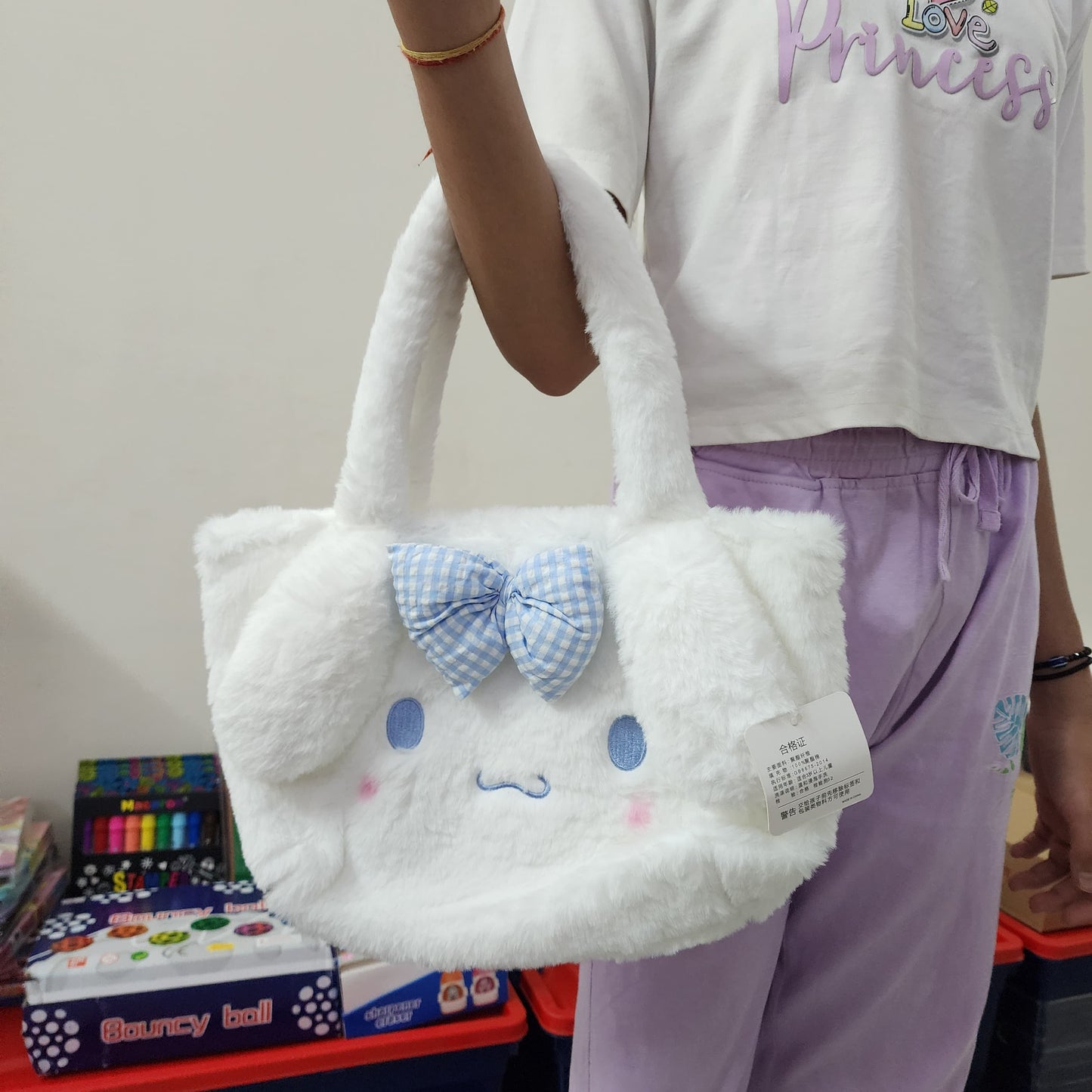 CUTE FUR FABRIC TOTE/HAND BAG WITH EMBROIDERY