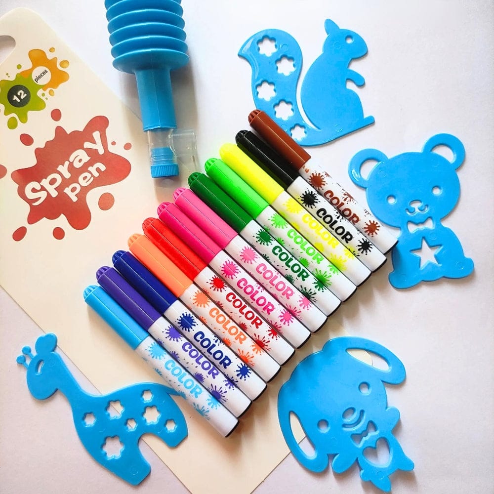 SPRAY PEN SET WITH SKETCH PEN AND BLOW PEN [ NON TOXIC , 12 PCS ]