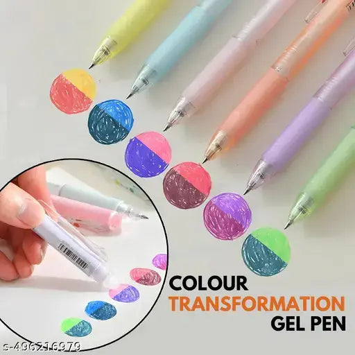 COLOUR TRANSFORMATION PEN set showcasing colorful gel pens with transformed ink swatches for creative projects.