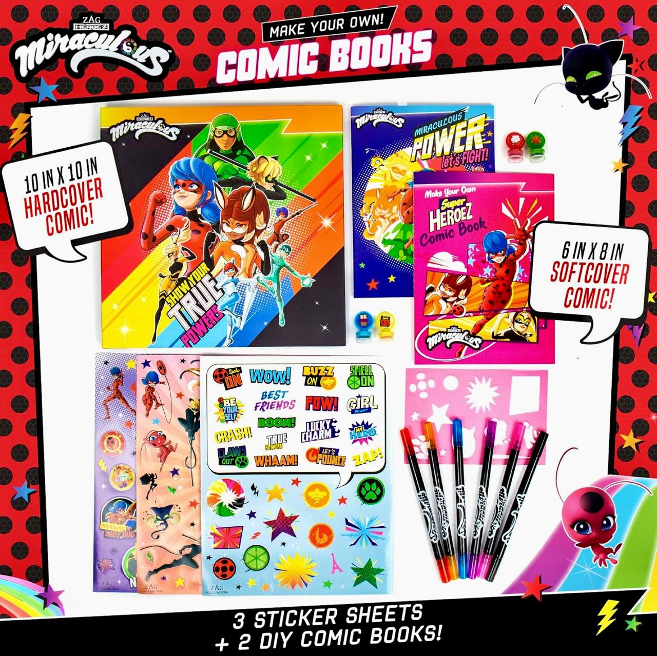 Miraculous Make Your Own Comic Book, Create 2 Comic Books Ladybug, Cat Noir, Tikki & More, DIY Comic Book Kit, Great Travel Toy, Road Trip Activity, Creative Toys for Kids Ages 6, 7, 8, 9, 10