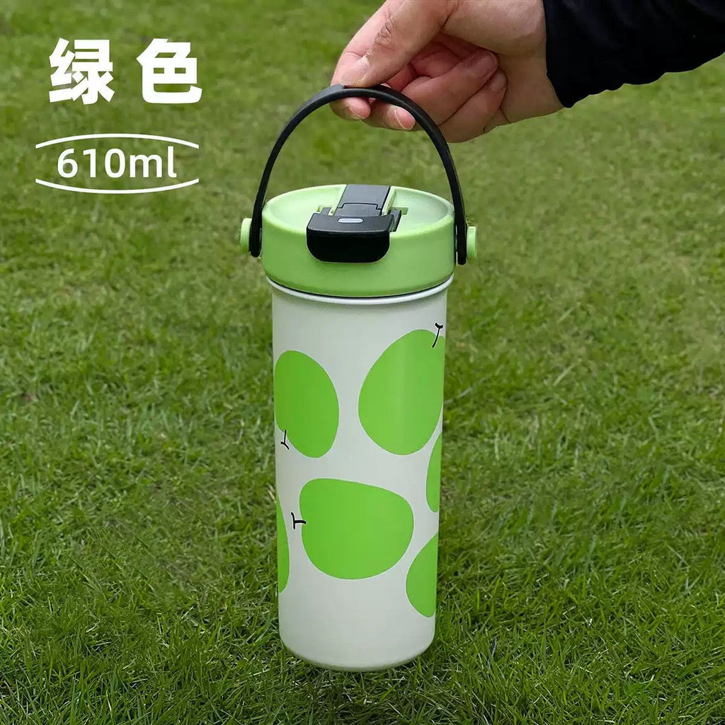 Portable insulated stainless steel Travel mug / Coffee mug with a handle / Dual mouth ,featuring various decorative patterns like cow print, flowers, and fruits [ 610 ml ]