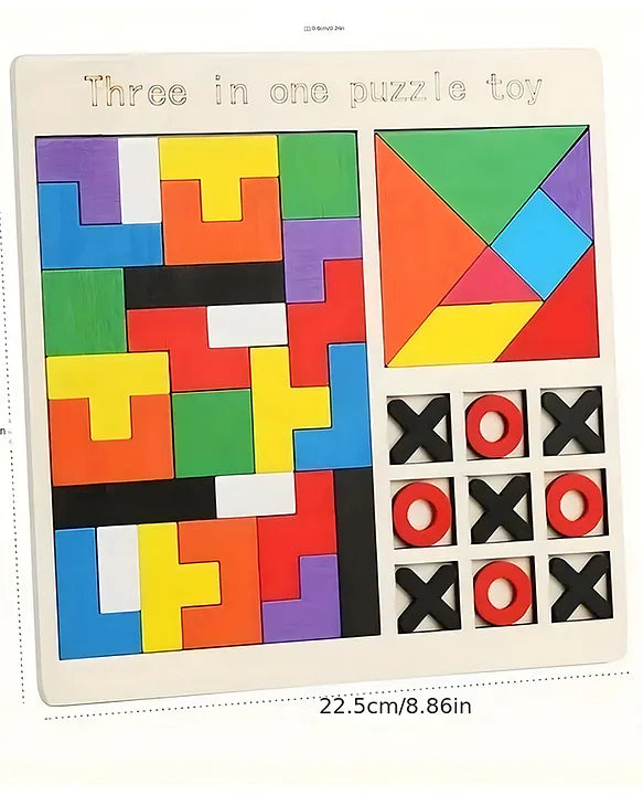 Wooden Puzzle Game 3-in-1 for Kids | Tangram, Tetris & Tic-Tac-Toe Montessori Learning & Brain Development Toy