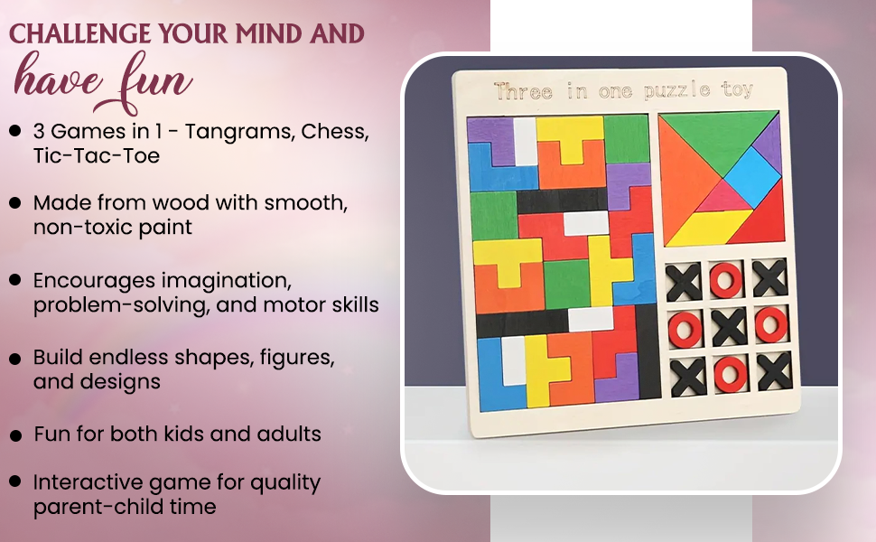 Wooden Puzzle Game 3-in-1 for Kids | Tangram, Tetris & Tic-Tac-Toe Montessori Learning & Brain Development Toy