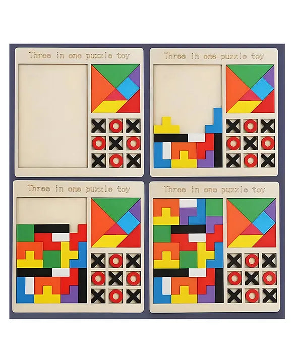 Wooden Puzzle Game 3-in-1 for Kids | Tangram, Tetris & Tic-Tac-Toe Montessori Learning & Brain Development Toy