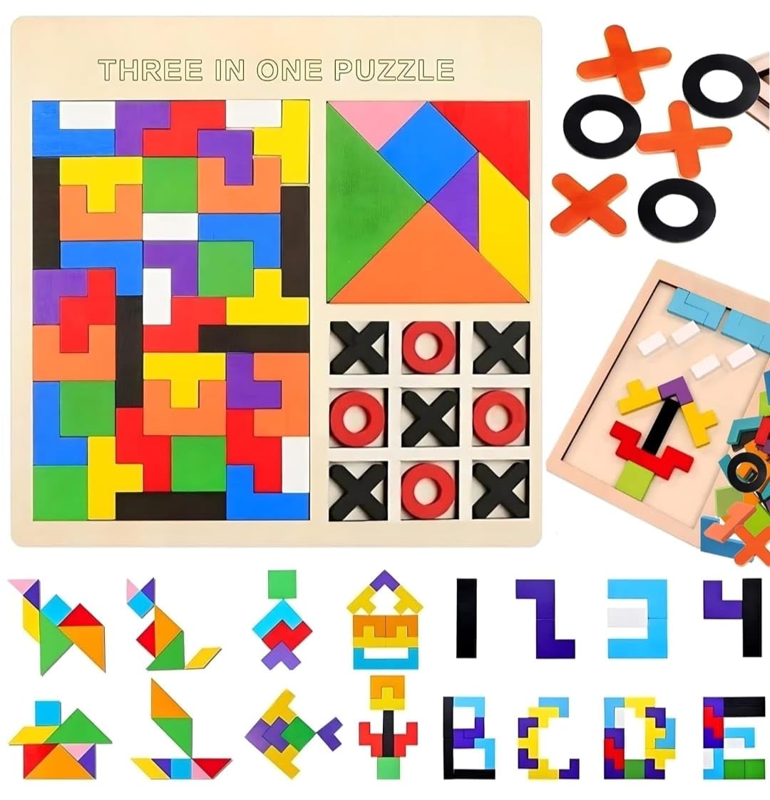 Wooden Puzzle Game 3-in-1 for Kids | Tangram, Tetris & Tic-Tac-Toe Montessori Learning & Brain Development Toy