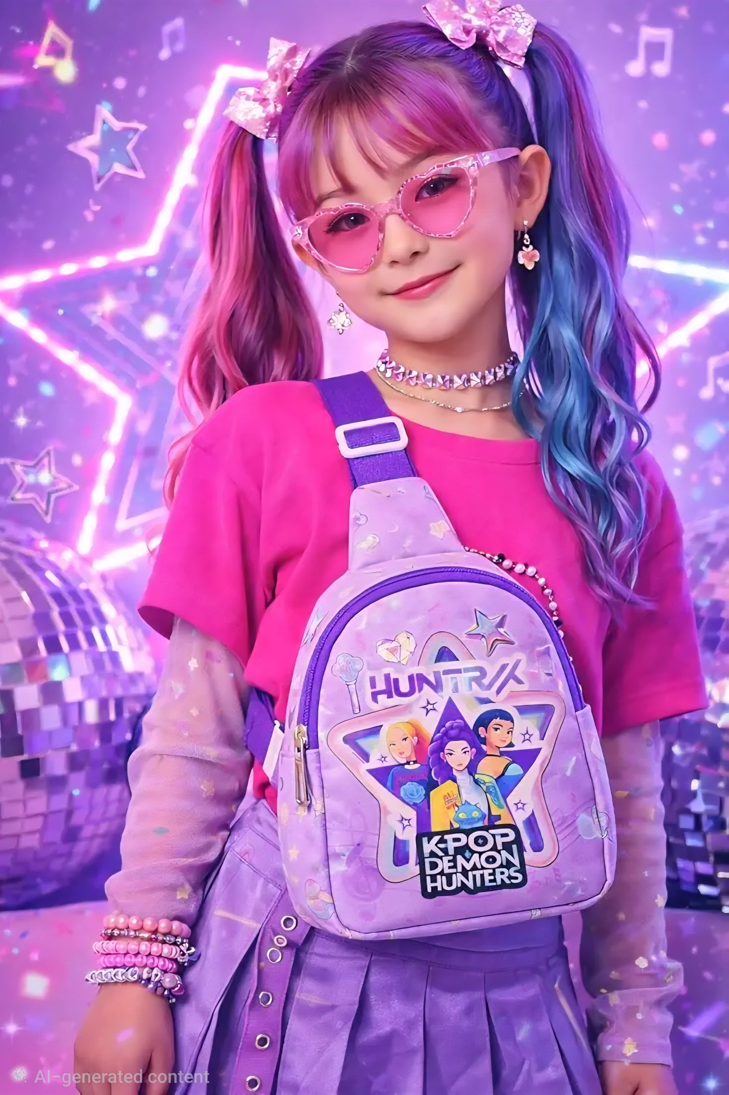 Kids Chest Sling Bag for Girls, Cute Cartoon Print K POP Demon Hunters Huntrix Theme Mini Crossbody Bag, Lightweight Travel & Outing Bag [ 20 x 13 cm ]