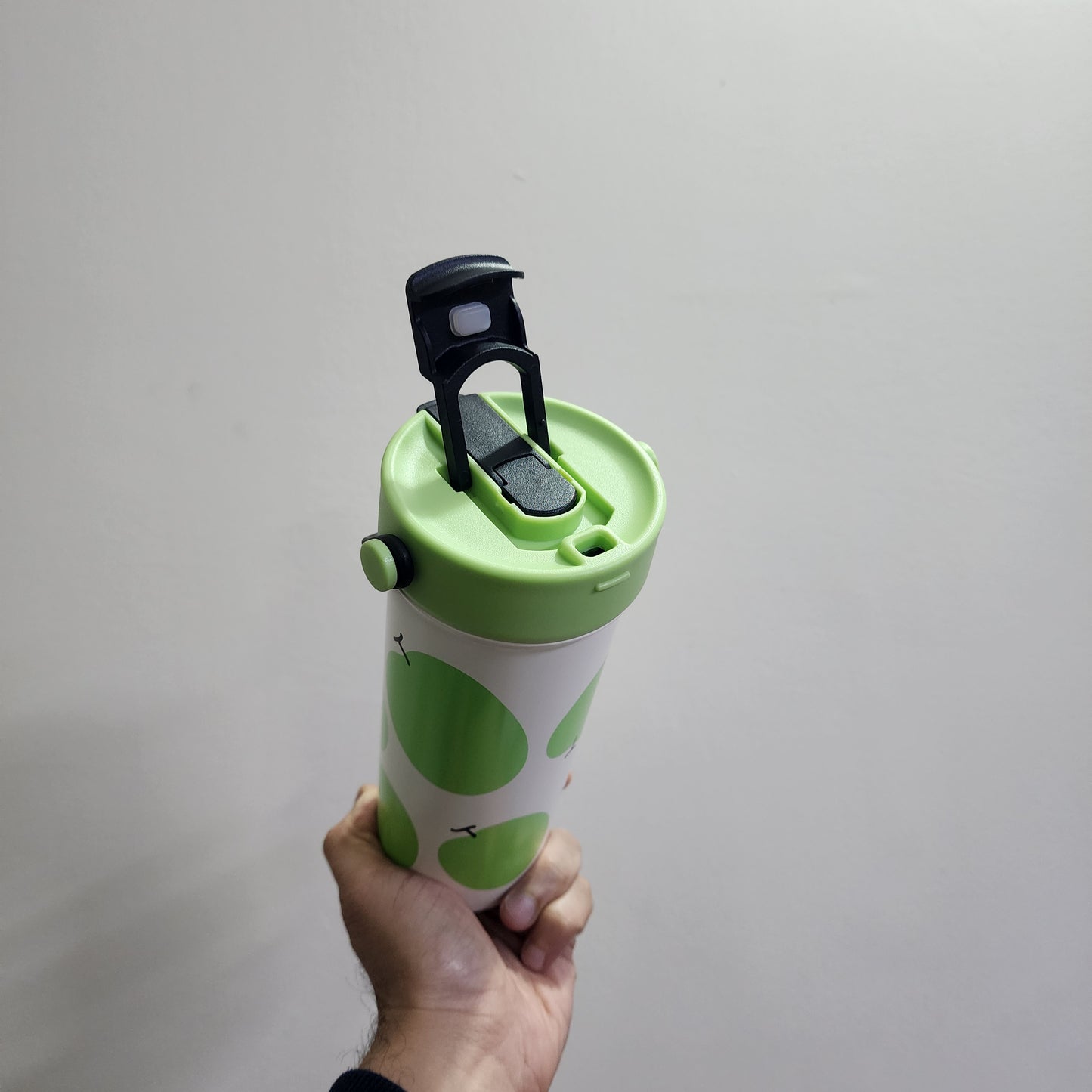 Portable insulated stainless steel Travel mug / Coffee mug with a handle / Dual mouth ,featuring various decorative patterns like cow print, flowers, and fruits [ 610 ml ]