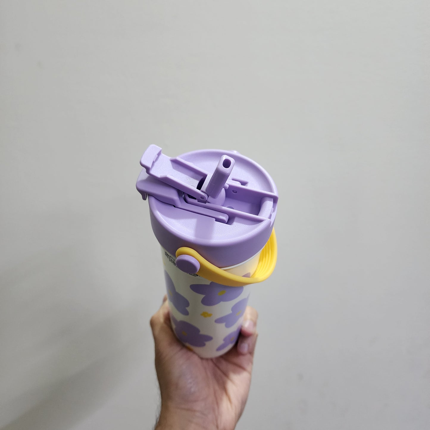 Portable insulated stainless steel Travel mug / Coffee mug with a handle / Dual mouth ,featuring various decorative patterns like cow print, flowers, and fruits [ 610 ml ]