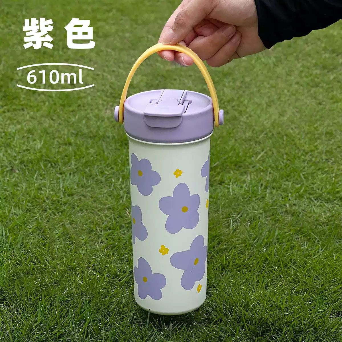 Portable insulated stainless steel Travel mug / Coffee mug with a handle / Dual mouth ,featuring various decorative patterns like cow print, flowers, and fruits [ 610 ml ]